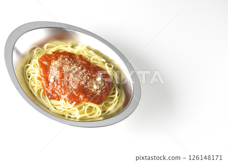 Meat sauce pasta topped with grated cheese photographed on a white background Meat sauce pasta topped with grated cheese photographed on a white background 126148171