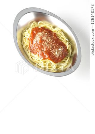Meat sauce pasta topped with grated cheese photographed on a white background 126148178