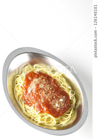 Meat sauce pasta topped with grated cheese photographed on a white background Meat sauce pasta topped with grated cheese photographed on a white background 126148181