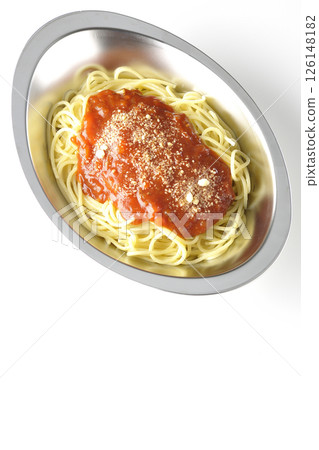 Meat sauce pasta topped with grated cheese photographed on a white background Meat sauce pasta topped with grated cheese photographed on a white background 126148182