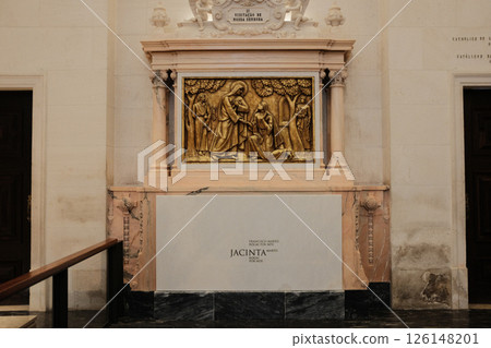 Tombs of Fatima visionaries inside Basilica of Our Lady of the Rosary at Sanctuary of Fatima Portugal religious resting place of Saint Francisco and Saint Jacinta Marto with inscriptions and sacred Tombs of Fatima visionaries inside Basilica of Our Lady of the Rosary at Sanctuary of Fatima Portugal religious resting place of Saint Francisco and Saint Jacinta Marto with inscriptions and sacred 126148201