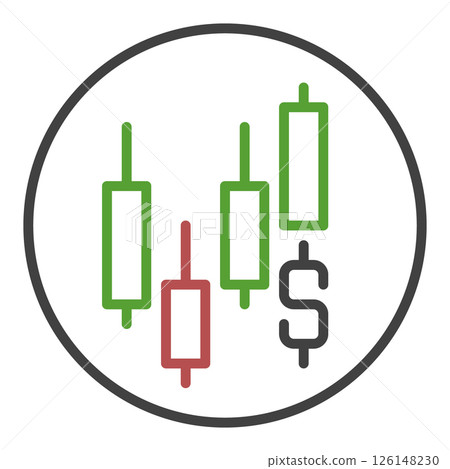 Candlestick Chart with Dollar sign vector Trading circle shaped icon or sign in thin line style Candlestick Chart with Dollar sign vector Trading circle shaped icon or sign in thin line style 126148230