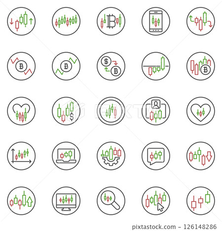 Cryptocurrency Trading round outline icons set - Candlestick Chart financial line symbols Cryptocurrency Trading round outline icons set - Candlestick Chart financial line symbols 126148286