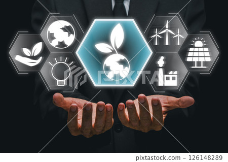 Visual representation of ecology with renewable energy and environmental icons, symbolizing sustainability and green technology. Visual representation of ecology with renewable energy and environmental icons, symbolizing sustainability and green technology. 126148289