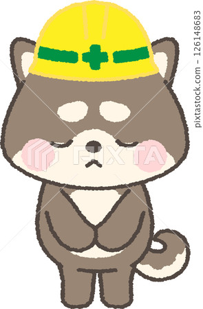 A black Shiba Inu wearing a yellow helmet bowing apologetically A black Shiba Inu wearing a yellow helmet bowing apologetically 126148683