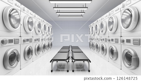 Public laundry room interior perspective. Render realistic laundromat with washing machine and dryer rows, chairs, lamps, tile wall and floor. Self service launderette, dry cleaning. 3D illustration 126148725