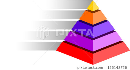 Infographic of red with orange with purple and yellow stepped geometric design, Pyramid shape five layers for creating stacked appearance typical of hierarchical or organizational chart Infographic of red with orange with purple and yellow stepped geometric design, Pyramid shape five layers for creating stacked appearance typical of hierarchical or organizational chart 126148756