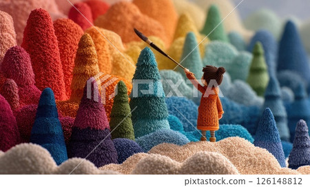 Artist painting colorful stylized trees in a dreamlike landscape 126148812