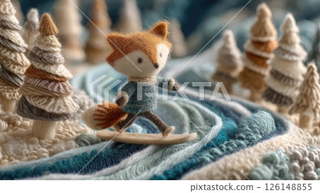 Playful fox snowboarding down woolly mountain slope in winter wonderland 126148855