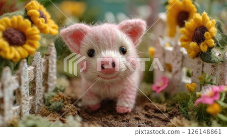 Adorable felted pink piglet exploring miniature garden with sunflowers and fence 126148861
