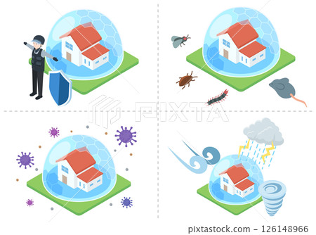 An illustration of a dome-shaped barrier protecting a home from various dangers 126148966