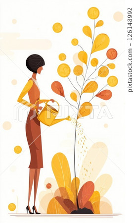 Businesswoman watering money tree for financial growth 126148992