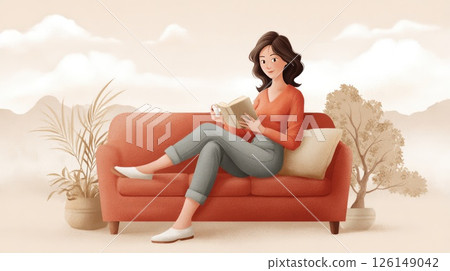 Young woman relaxing on sofa reading a book and drinking tea 126149042