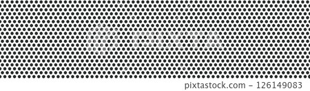 Metal micro mesh seamless pattern. Iron plate with round holes. Perforated metal texture. Dotted seamless pattern. Peg board sheet. Speaker screen grid background. Vector design illustration 126149083