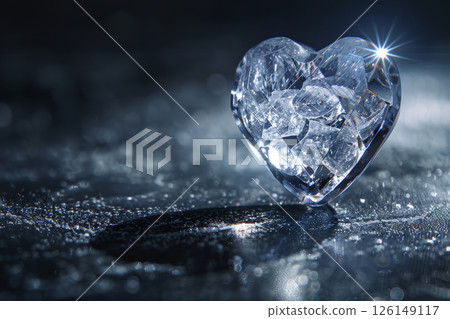Elegant Heart-Shaped Crystal Gemstone with Sparkling Light Reflection on Dark Surface 126149117