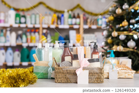 There are present, consist of shampoo, shower gel, liquid hand soap on New Year Eve in shop 126149320