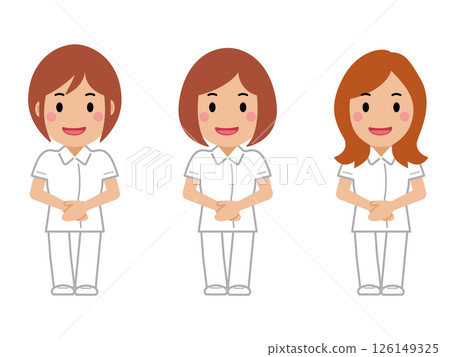 A smiling female nurse in a white uniform with her hands folded in front of her A smiling female nurse in a white uniform with her hands folded in front of her 126149325