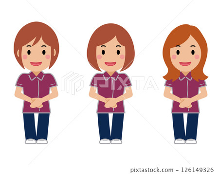 A female nurse in a maroon uniform smiling with her hands folded in front of her A female nurse in a maroon uniform smiling with her hands folded in front of her 126149326
