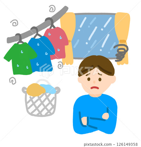 A man having trouble with laundry on a rainy day 126149358