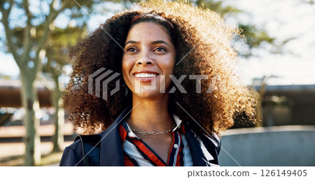 Outdoor, employee and woman with smile, daydreaming and excited for career growth, travel and morning. City, paralegal and person with positive mindset for new job, thinking and commuting to work Outdoor, employee and woman with smile, daydreaming and excited for career growth, travel and morning. City, paralegal and person with positive mindset for new job, thinking and commuting to work 126149405