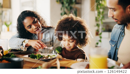 Child, parents and refuse food in dining of home with eating, feeding or meal together. Dislike, reject or stubborn kid with mother, father and son in apartment for bonding or supper time as family Child, parents and refuse food in dining of home with eating, feeding or meal together. Dislike, reject or stubborn kid with mother, father and son in apartment for bonding or supper time as family 126149422