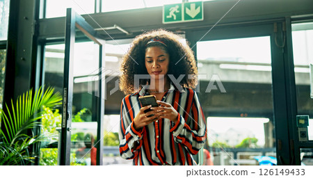 Business, woman and reading with phone in office for communication, research and sustainable advisor. Female person, mobile and online with schedule update, review information and green project forum Business, woman and reading with phone in office for communication, research and sustainable advisor. Female person, mobile and online with schedule update, review information and green project forum 126149433