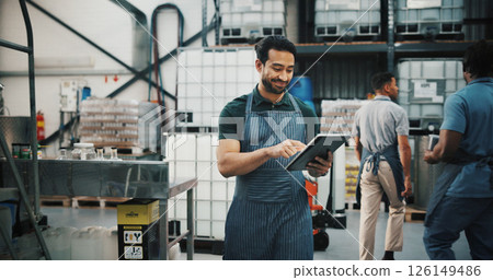 Distillery, tablet and checklist with man in factory for packaging, drink production and bottle inspection. Manufacturing, inventory and distribution with person in warehouse for quality control 126149486