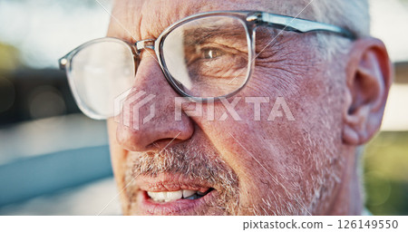 Glasses, senior man and thinking outdoor with vision, optometry for wellness with prescription lens and eyesight. Closeup, face and male person with optical solution, eyecare and ophthalmology frame 126149550