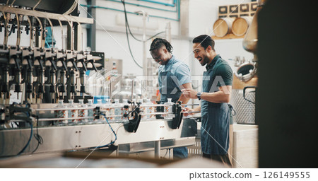Conveyor belt, people and bottling alcohol in distillery for spirits production, packaging and distribution. Assembly line, team and quality assurance by machine for beverage supply chain in factory 126149555