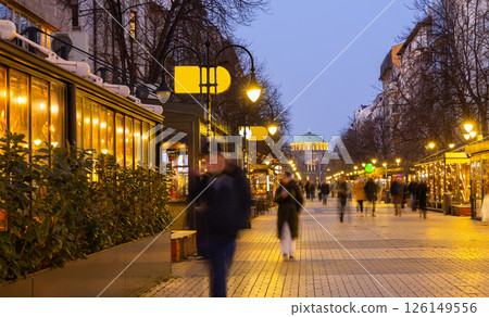 Evening view of Vitosha Boulevard in Sofia with Nedelya Church Evening view of Vitosha Boulevard in Sofia with Nedelya Church 126149556