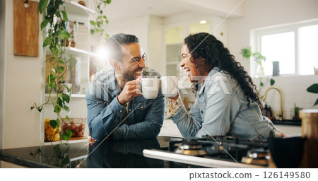Couple, laughing and toast with coffee in home for gossip, happy bonding and funny conversation in kitchen. Man, woman and smile with beverage in house for support and relax with comic morning 126149580