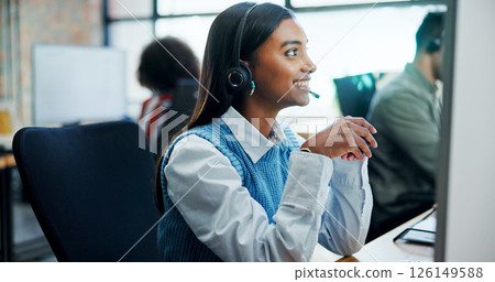Smile, woman and headset with computer at call centre for customer service, contact us and advisor. Female person, consultant and online assistance for crm advice, information and help with procedure 126149588
