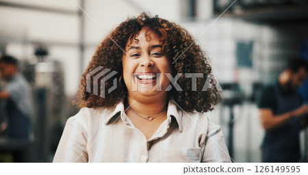 Distillery, laugh and portrait of woman in factory for alcohol production, manufacturing and distribution. Warehouse, industrial business and confident person for fermentation, bottling and brewery 126149595
