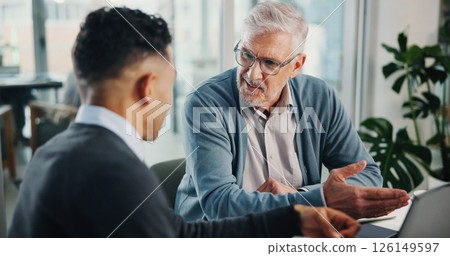 Question, senior man or financial advisor talking with laptop, retirement fund or pension info in conversation. Elderly client, office and people in meeting planning for future, advice or consulting 126149597