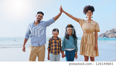 Portrait, happy and family on vacation, beach and protection of children with cover, roof and hands. Outdoor, bonding and parents with safety for kids, man and woman with smile on summer holiday Portrait, happy and family on vacation, beach and protection of children with cover, roof and hands. Outdoor, bonding and parents with safety for kids, man and woman with smile on summer holiday 126149665