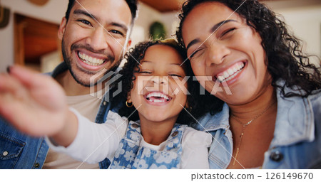 Selfie, happy and portrait of parents with kid in home for memory, profile picture or social media. Smile, love and girl child with mother and father for photography together in family house. 126149670
