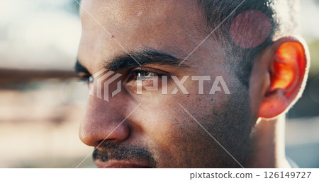 Man, face and closeup for thinking in city, inspiration or solution with ideas outdoor, vision or future. Reflection, memory and remember with eyes for perspective, wonder and contemplating in street 126149727