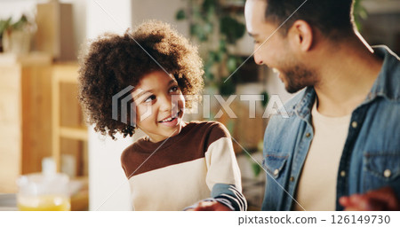 Dinner, happy and father with child in home for family brunch, conversation and bonding at dining table. Support, people or smile at lunch together for nutrition, relationship or connection with love 126149730