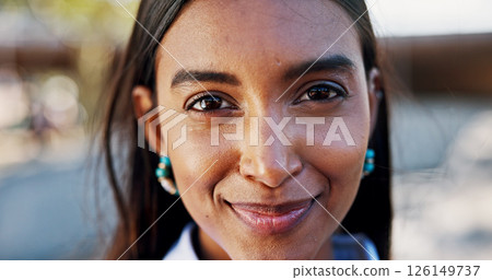 Portrait, business and woman with smile in city for corporate career, property viewing and real estate. Closeup, realtor and pride for infrastructure, urban development and opportunity for expansion 126149737