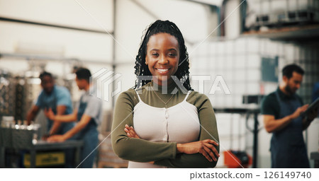 Distillery, happy and portrait of woman with crossed arms for alcohol production, manufacturing and distribution. Warehouse, brewery and confident person for fermentation, bottling and storage 126149740
