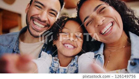 Selfie, happy and portrait of parents with child in home for memory, profile picture or social media. Smile, love and girl kid with mother and father for photography together in family house. Selfie, happy and portrait of parents with child in home for memory, profile picture or social media. Smile, love and girl kid with mother and father for photography together in family house. 126149756