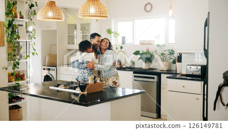 Hug, family and laughing in home, bonding and happy for joke in new apartment, parents and daughter. House, man and woman with love for child, funny and embrace for affection in kitchen or together Hug, family and laughing in home, bonding and happy for joke in new apartment, parents and daughter. House, man and woman with love for child, funny and embrace for affection in kitchen or together 126149781