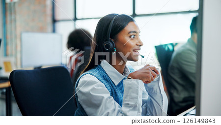 Talking, computer and woman with headset, telemarketing and smile for lead generation in call center. Business, agent and person with tech for communication, friendly or review of services on website Talking, computer and woman with headset, telemarketing and smile for lead generation in call center. Business, agent and person with tech for communication, friendly or review of services on website 126149843