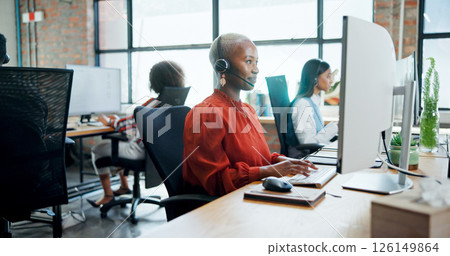 Call center, agent and woman with computer, lead generation and communication with contact for sales. Business, consultant and people with tech for telemarketing, talking and research for services Call center, agent and woman with computer, lead generation and communication with contact for sales. Business, consultant and people with tech for telemarketing, talking and research for services 126149864