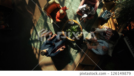 Above, meeting and business people in office, planning or brainstorming for project, talking or ideas. Employees, cooperation or group in workplace, discussion or feedback for proposal or negotiation Above, meeting and business people in office, planning or brainstorming for project, talking or ideas. Employees, cooperation or group in workplace, discussion or feedback for proposal or negotiation 126149879