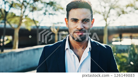 Portrait, business and man in city, travel and confident personality with financial advisor. Happy person, outdoor and employee with morning commute, pride and career ambition with economy expert 126149883