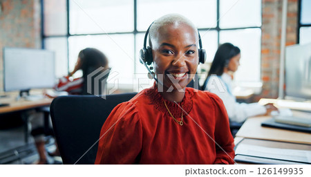Portrait, business and woman with headset at call centre for customer service, contact us and advisor. African person, consultant and online assistance for crm advice, career pride and helping client 126149935