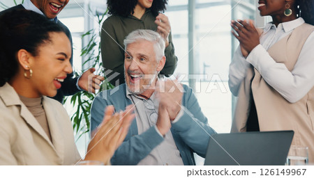 Laptop, excited business people or applause for achievement, milestone or celebrate financial profit. Team manager, happy or clapping for success, good news or well done for investment goal in office Laptop, excited business people or applause for achievement, milestone or celebrate financial profit. Team manager, happy or clapping for success, good news or well done for investment goal in office 126149967