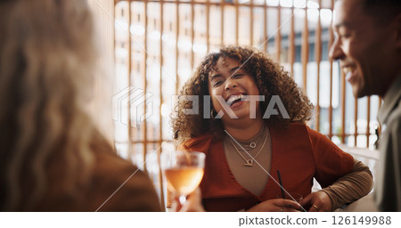 Restaurant, friends and woman with alcohol for laughing, comedy and bonding together for reunion. Pub, group and people with wine glass to drink, social gathering and happiness for catching up Restaurant, friends and woman with alcohol for laughing, comedy and bonding together for reunion. Pub, group and people with wine glass to drink, social gathering and happiness for catching up 126149988
