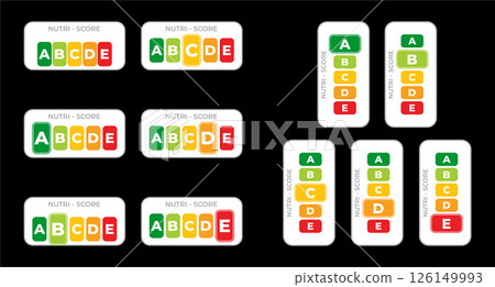Nutrition score labels for food and drink. Designed for packaging or educational purposes. Vector illustration isolated on transparent background. Nutrition score labels for food and drink. Designed for packaging or educational purposes. Vector illustration isolated on transparent background. 126149993